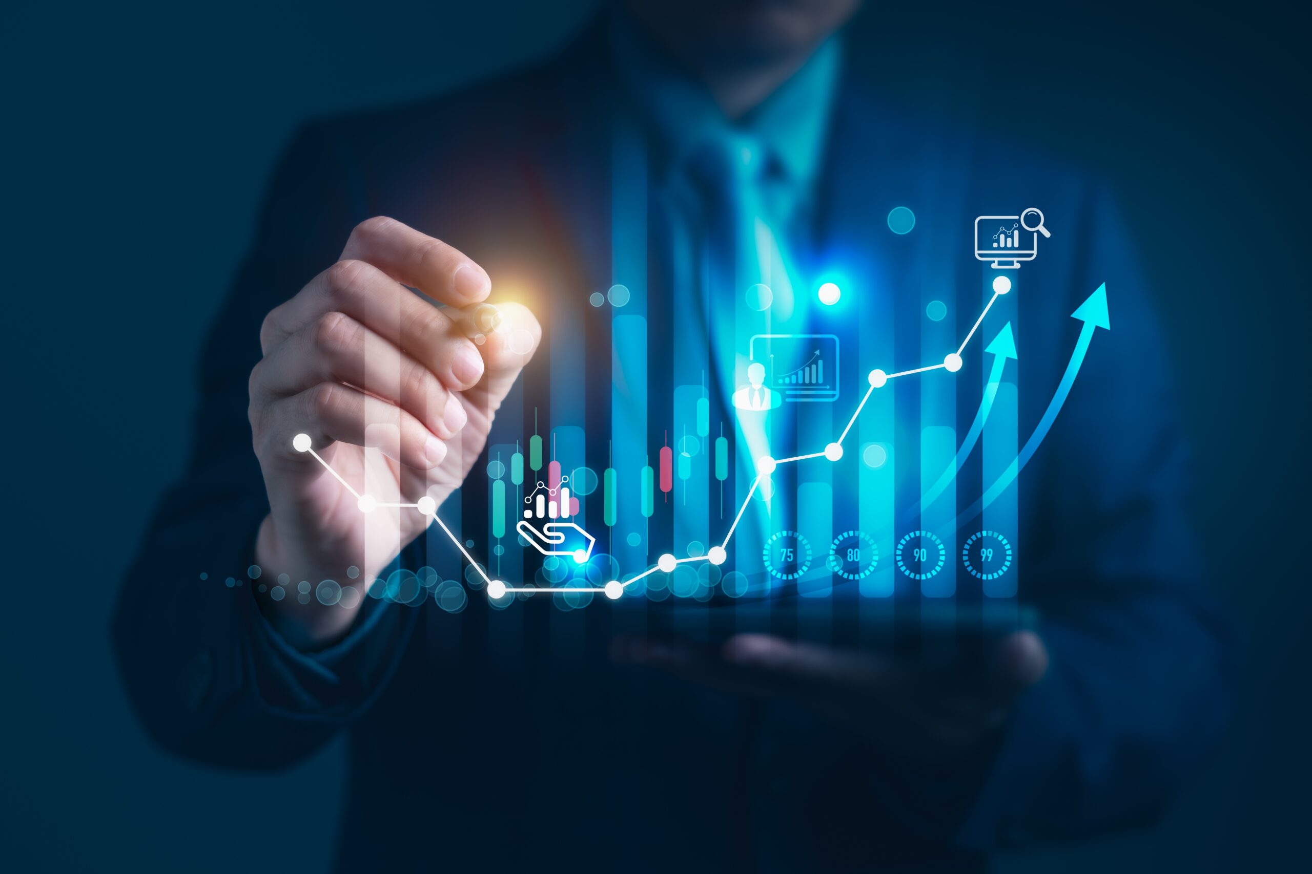 hand of a man with a bar graph going upward trend